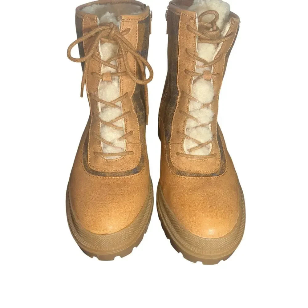Lucky Brand LP-EDIVE Plaid Faux Fur Lace Up Lug Sole Boots Tan Brown Sz 10